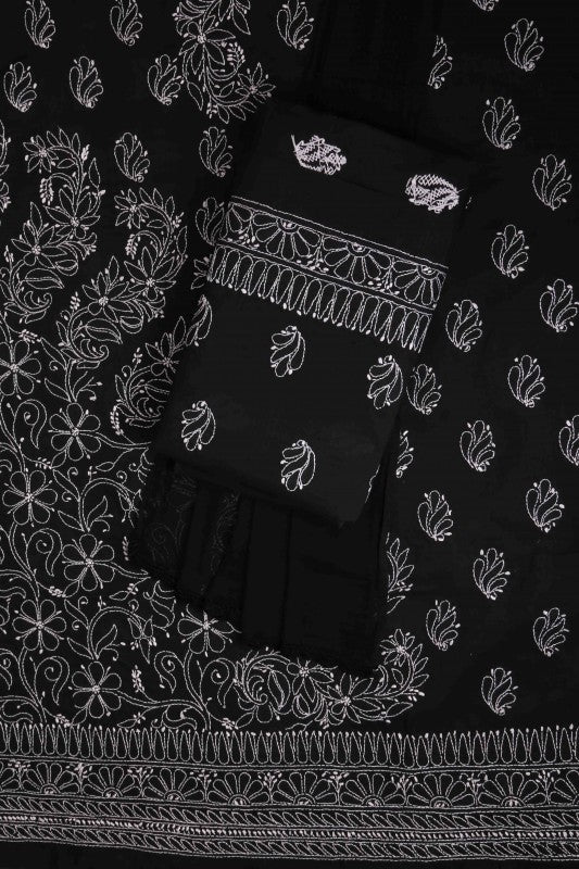 Ada Hand Embroidered Black Cotton Lucknowi Chikan Unstitched Suit Piece-A100262