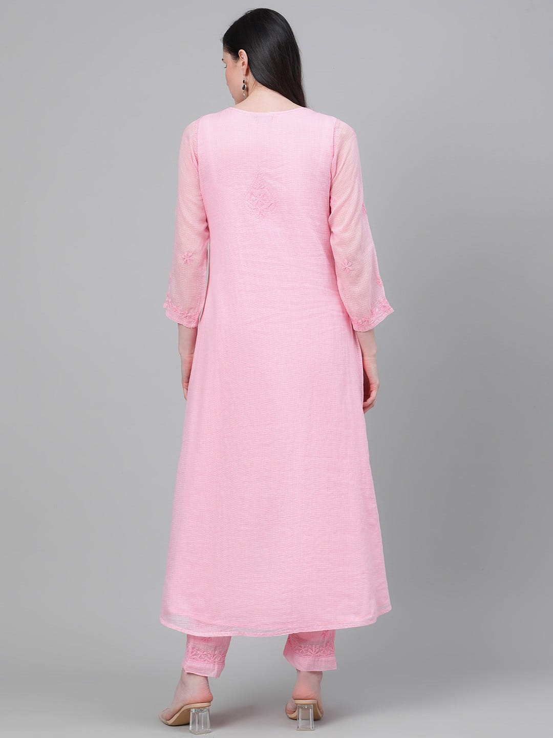 Ada Hand Embroidered Pink Kota Lucknow Chikankari Kurta with Trouser Set A811144