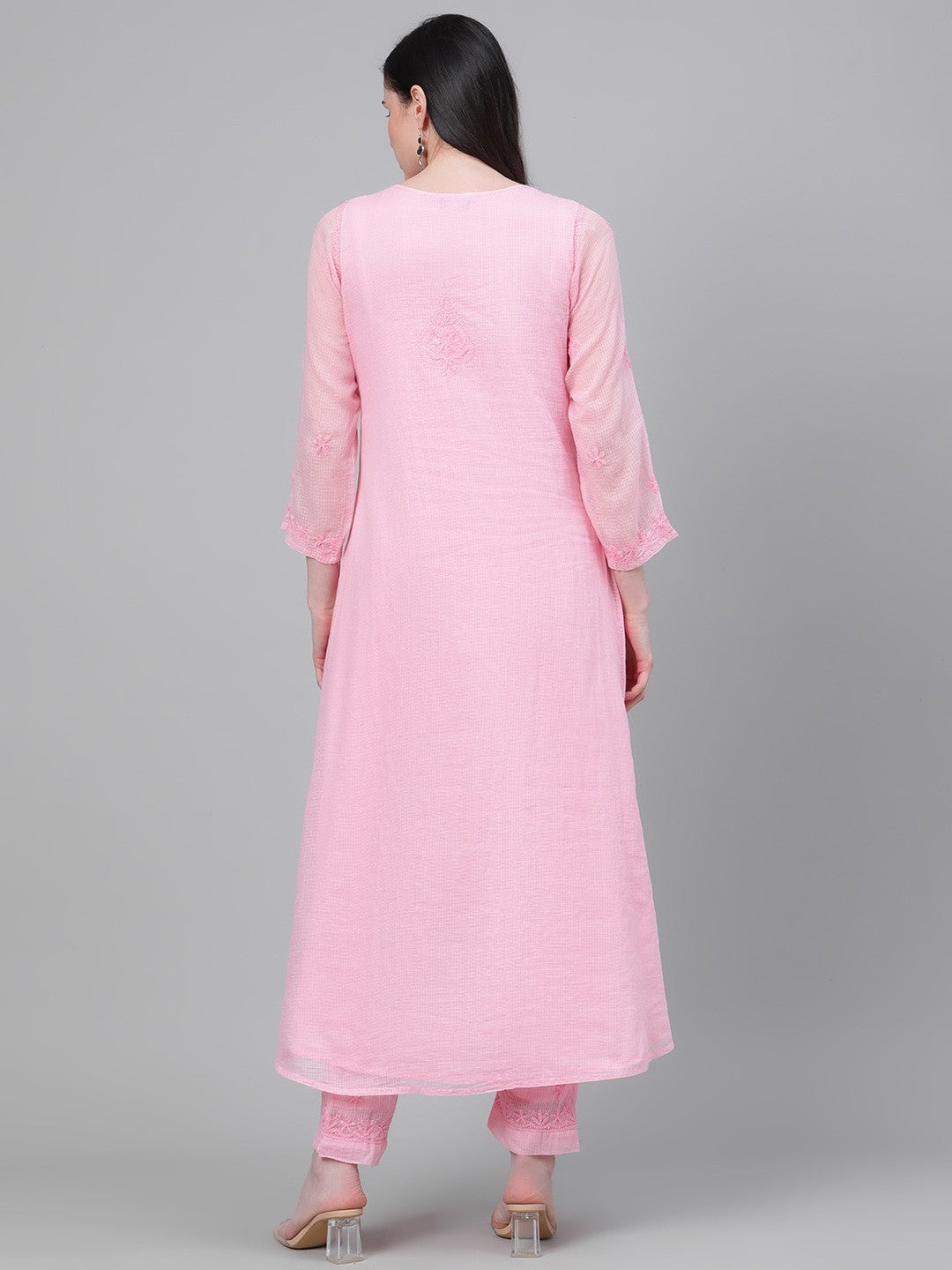 Ada Hand Embroidered Pink Kota Lucknow Chikankari Kurta with Trouser Set A811144