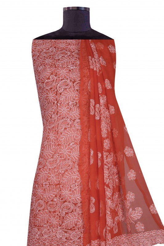 Ada Hand Embroidered Coral Red Georgette Lucknowi Chikankari Unstitched Suit Piece A612725