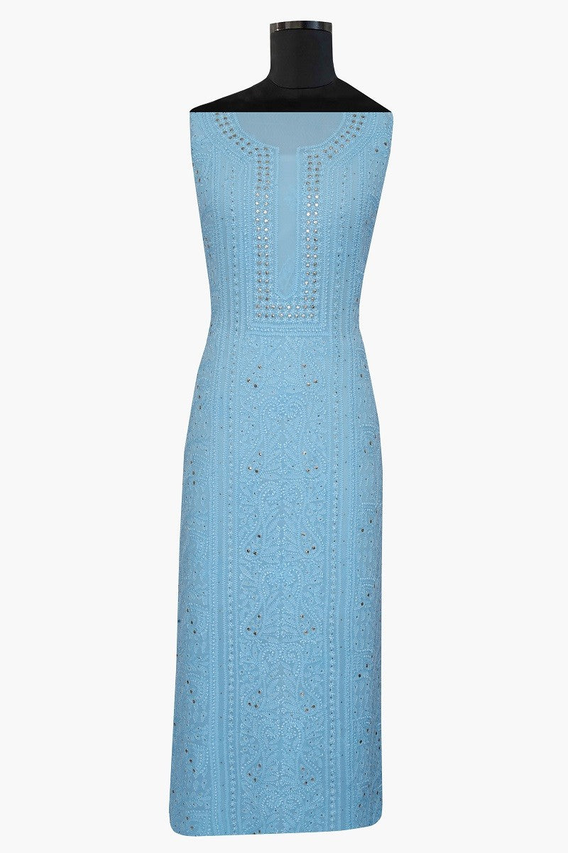 Ada Hand Embroidered Sky Blue Georgette Lucknowi Chikan Unstitched Kurta Dupatta with Muqaish Work A607173