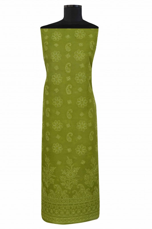 Ada Hand Embroidered Green Cotton Lucknowi Chikan Unstitched Suit Piece–A100194