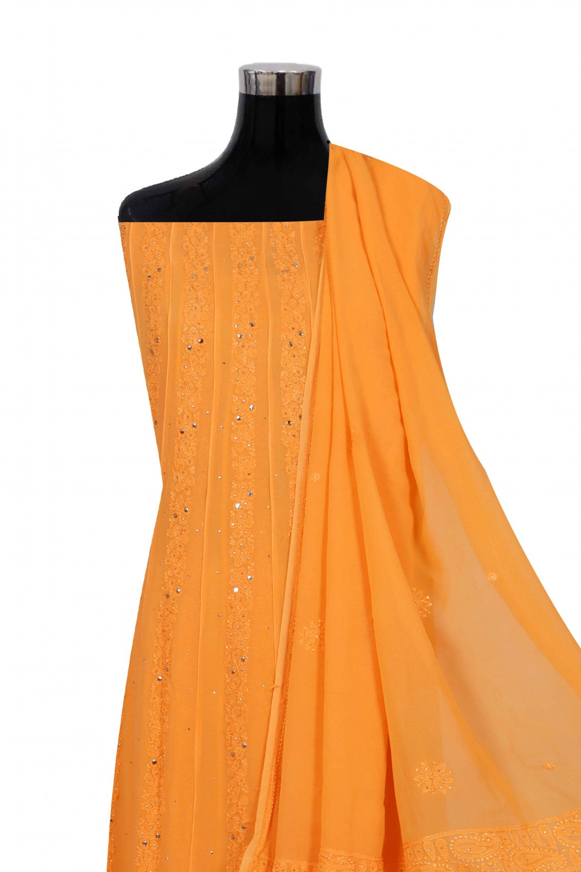 Ada Hand Embroidered Orange Georgette Lucknowi Chikankari Semi-Stitched Anarkali Kurta Dupatta Set With Muqaish Work 01A248219
