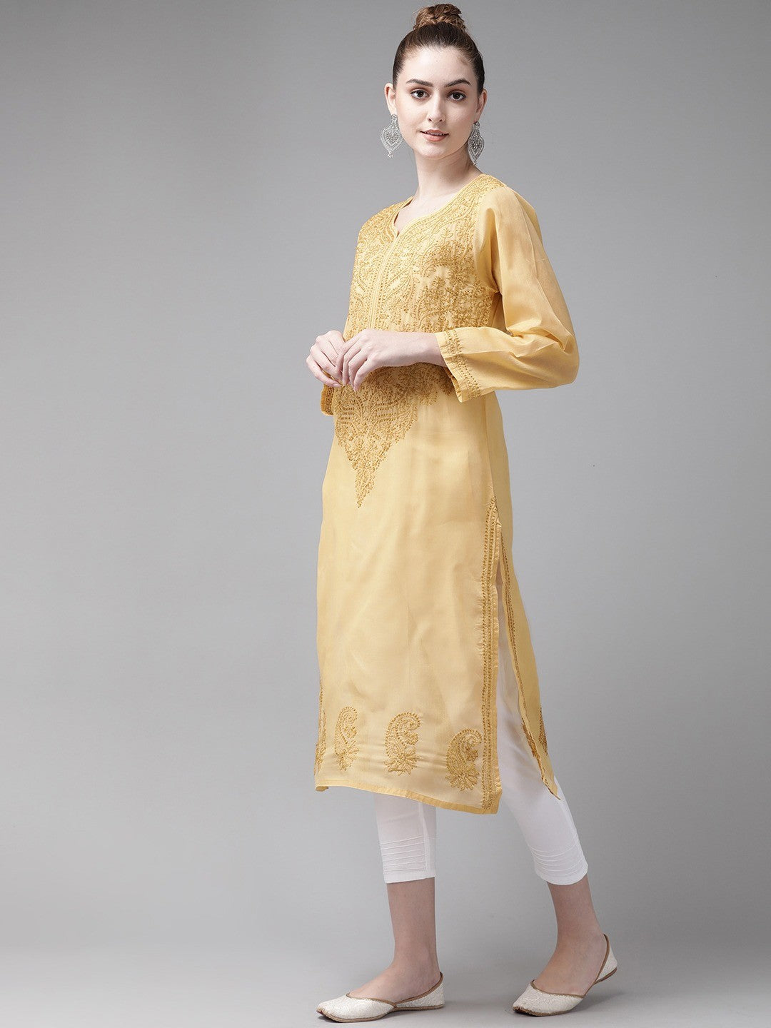 Ada Hand Embroidered Fawn Cotton Lucknowi Chikankari Straight Kurta Set A811189