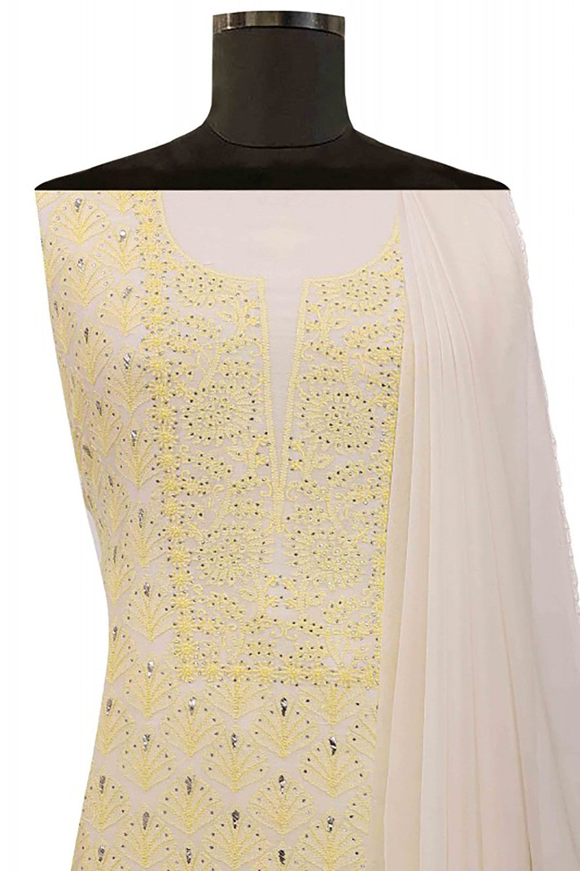 Ada Hand Embroidered Cream Chanderi Lucknowi Chikankari Unstitched Suit Piece With Muqaish Work A457113