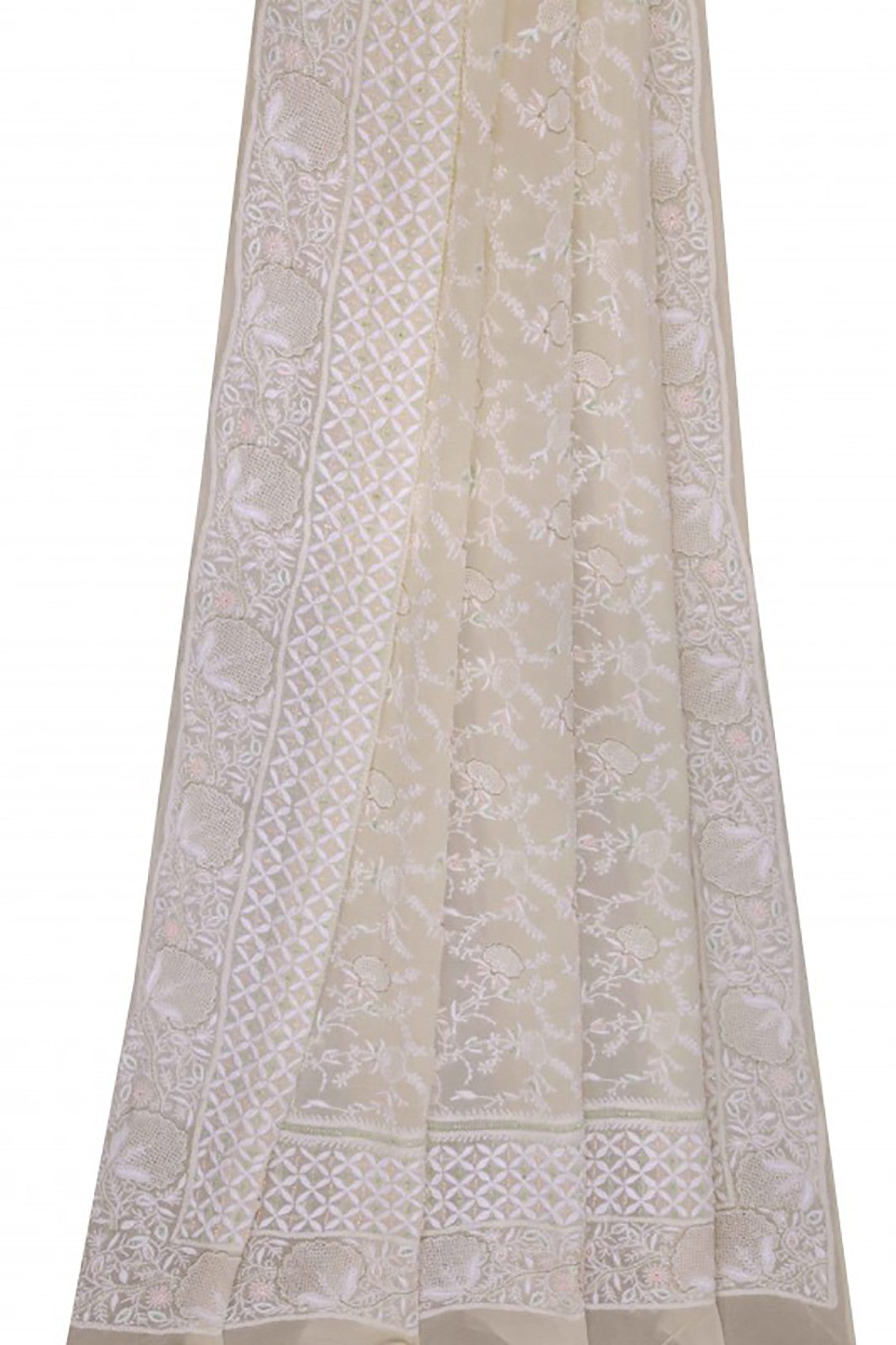 Ada Hand Embroidered White Pure Georgette Lucknowi Chikankari Dupatta With Pearl Work 01A100943