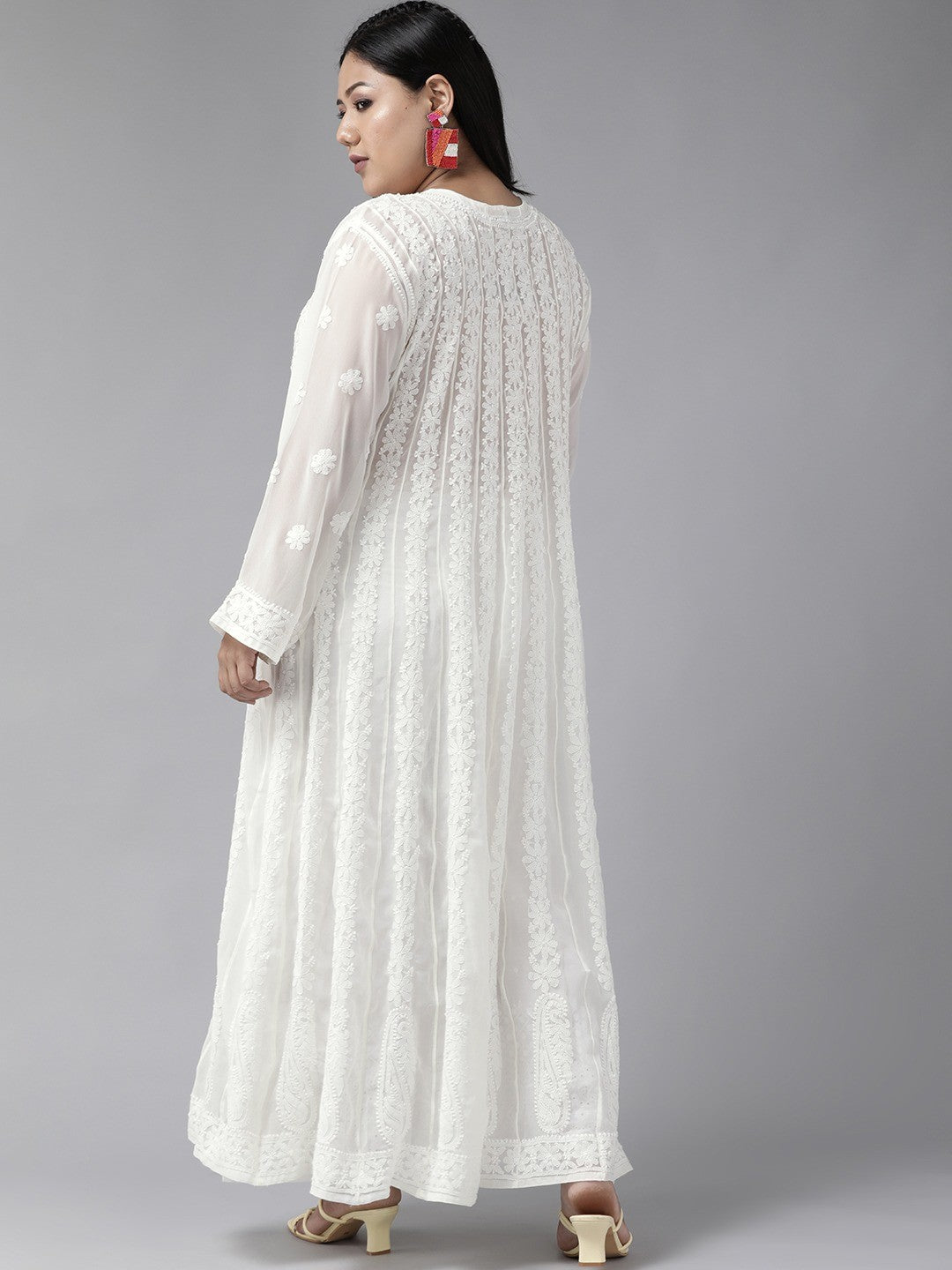 Ada Hand Embroidered White Georgette Lucknow Chikankari Anarkali A-Line Kurta A100300