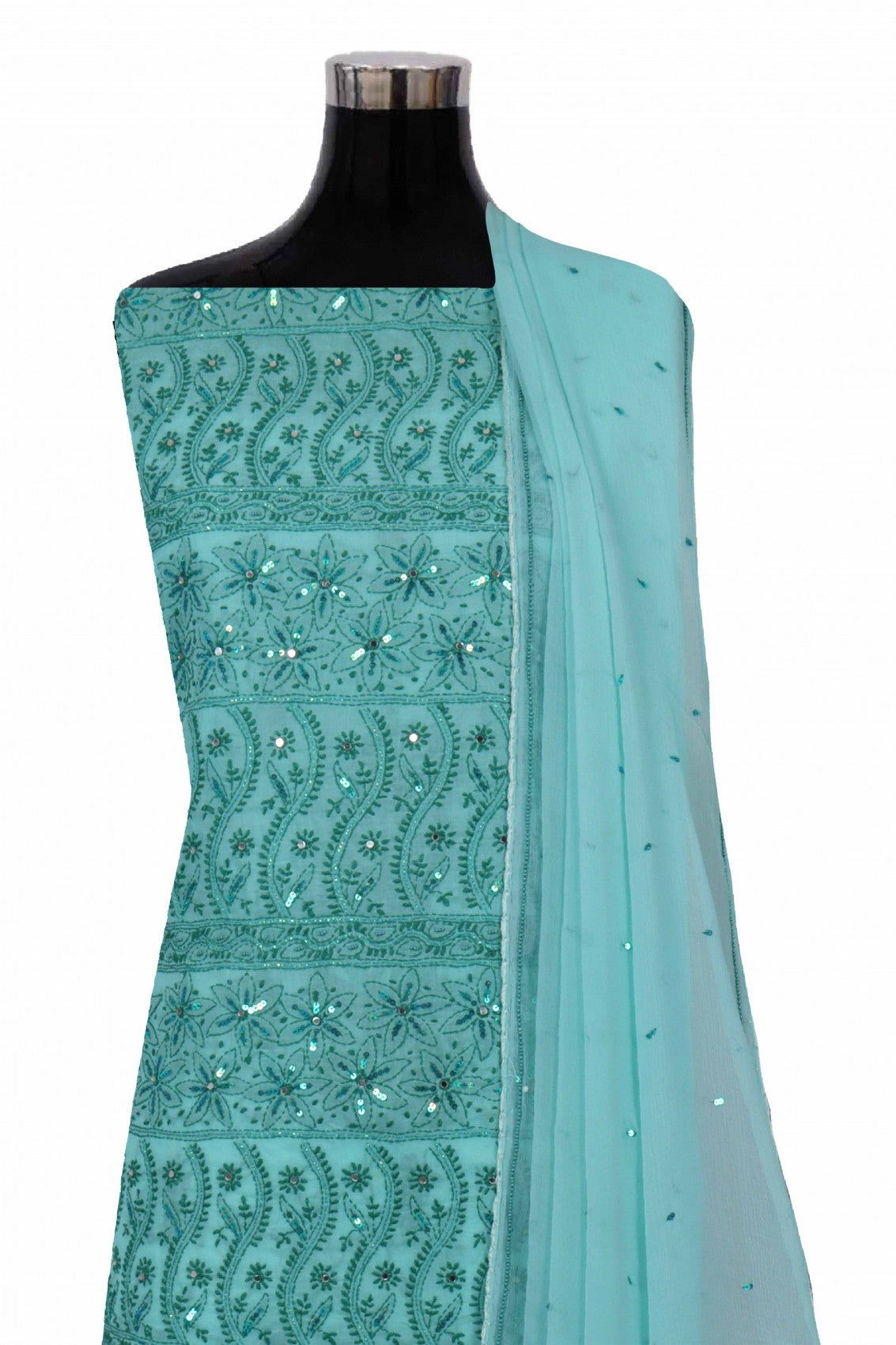 Ada Hand Embroidered Sea Green Cotton Lucknowi Chikan Unstitched Suit Piece With Pearl Work A51520