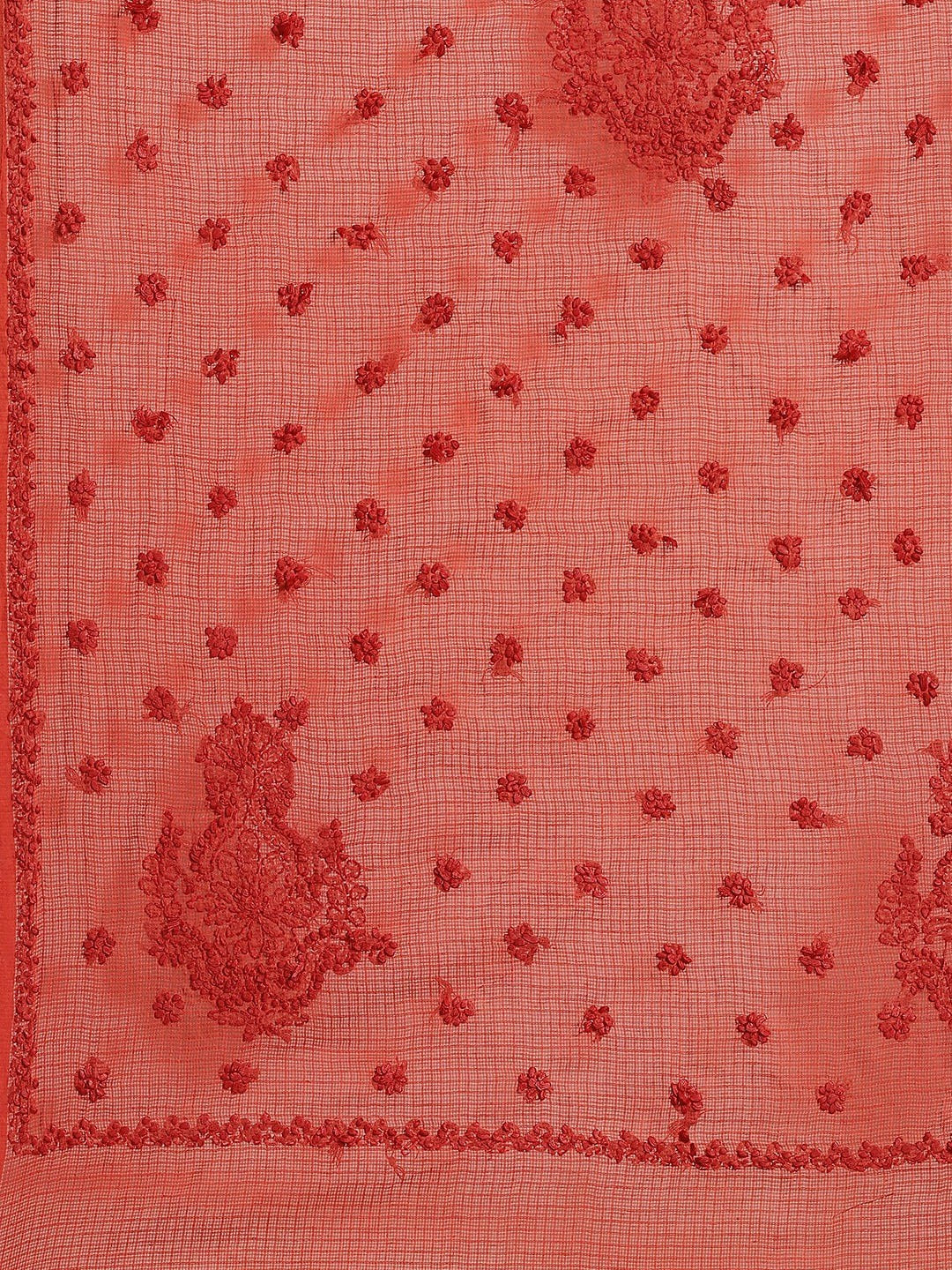 Ada Hand Embroidered Rust Kota Lucknow Chikan Saree With Blouse- A311122