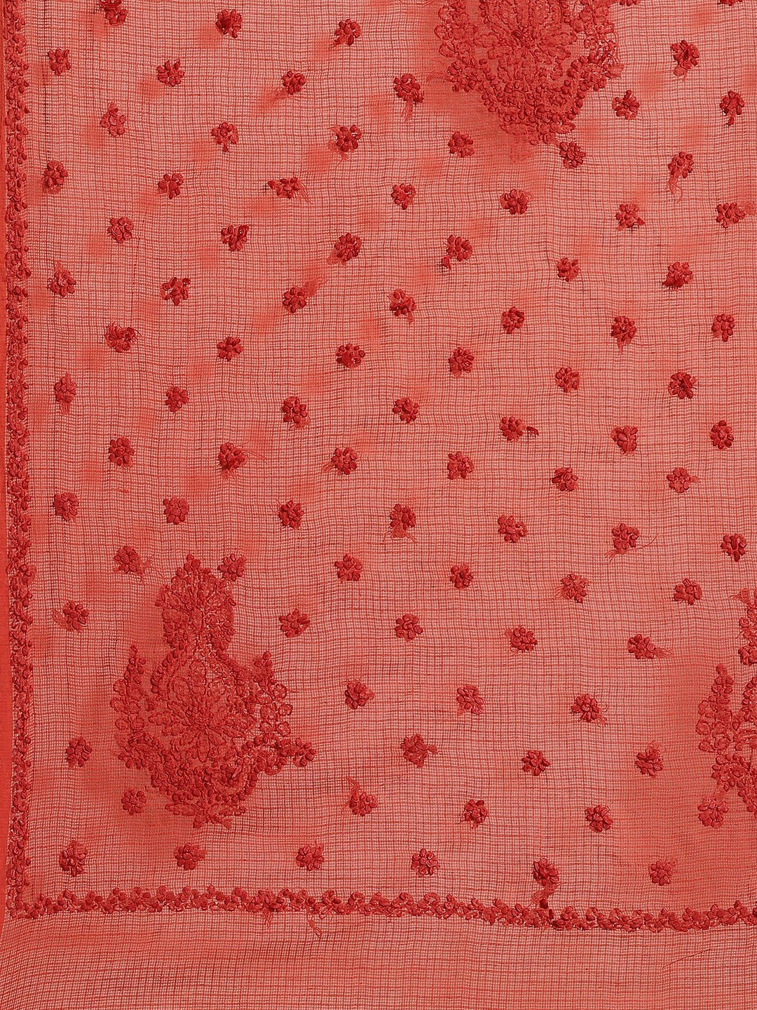 Ada Hand Embroidered Rust Kota Lucknow Chikan Saree With Blouse- A311122