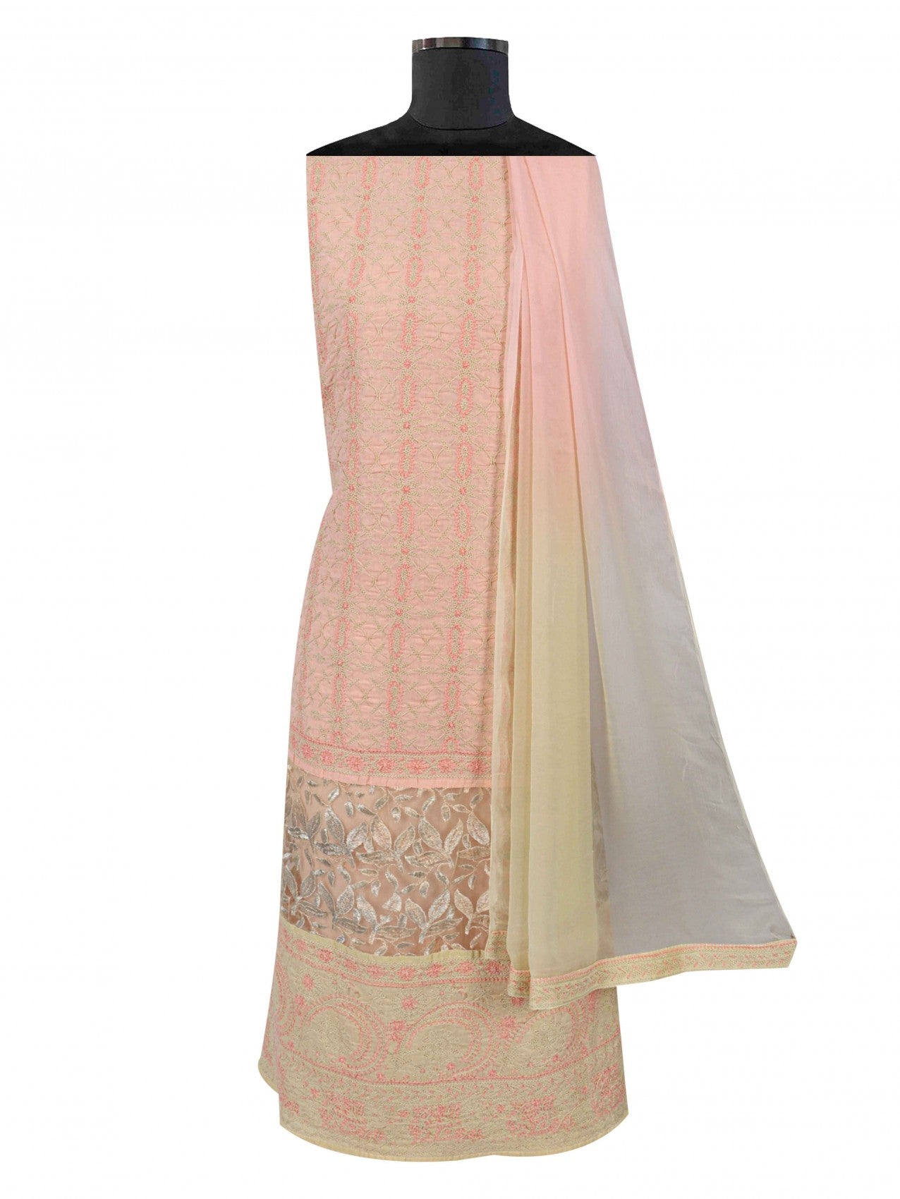 Ada Hand Embroidered Peach Cotton Lucknowi Chikankari Unstitched Suit Piece With Zari Work A466977