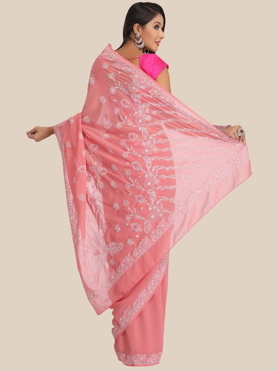 Ada Hand Embroidered Onion Pink Georgette Lucknowi Chikan Saree With Blouse A130235