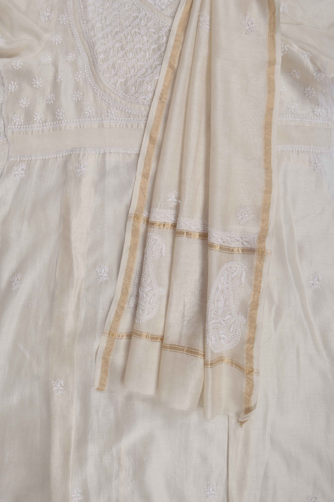 Ada Hand Embroidered White Chanderi Lucknowi Chikankari Semi-stitched Kurta Dupatta Set 01A240784