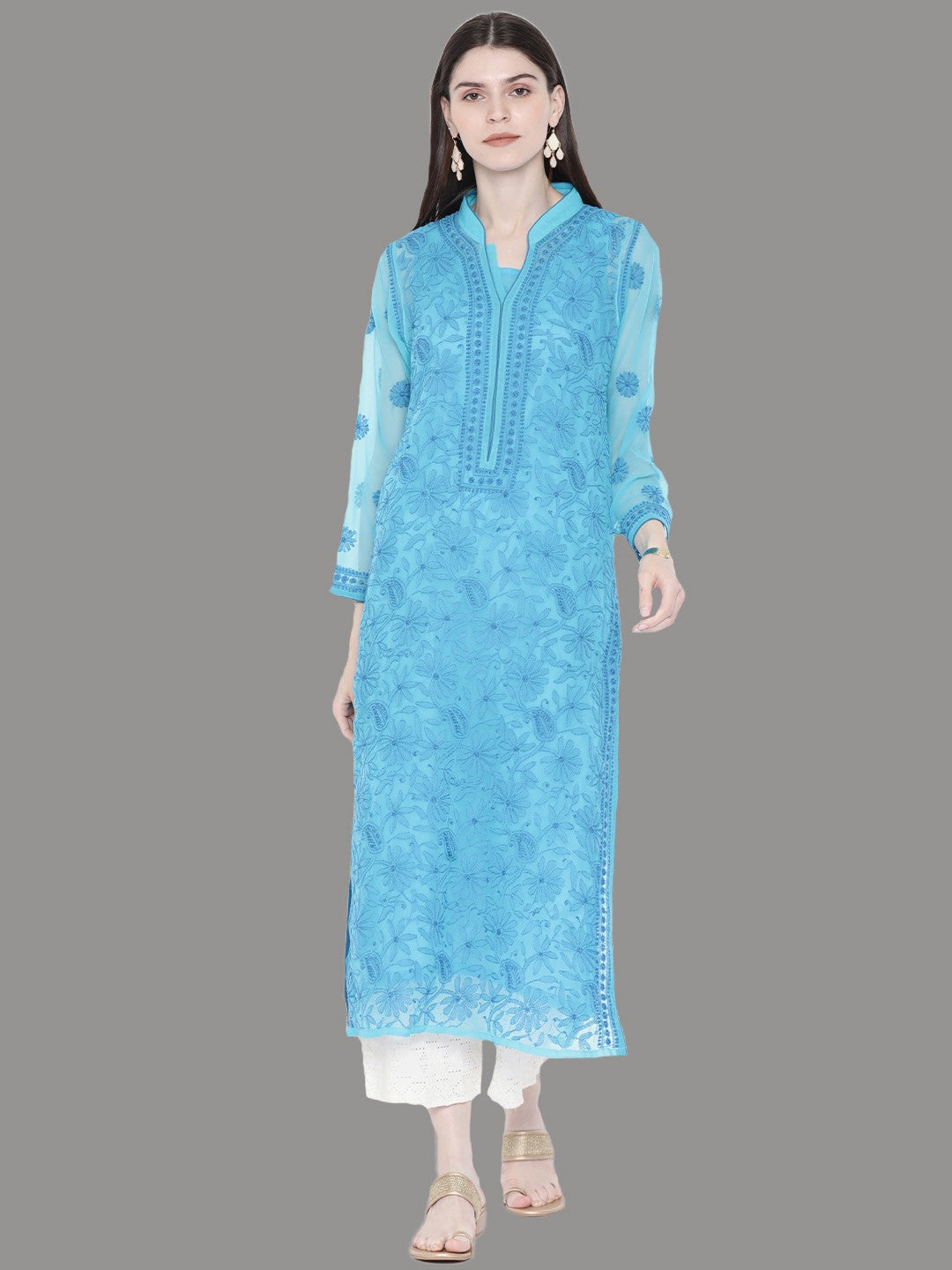 Ada Hand Embroidered Blue Georgette Lucknowi Chikankari Straight Kurta With Slip A225894