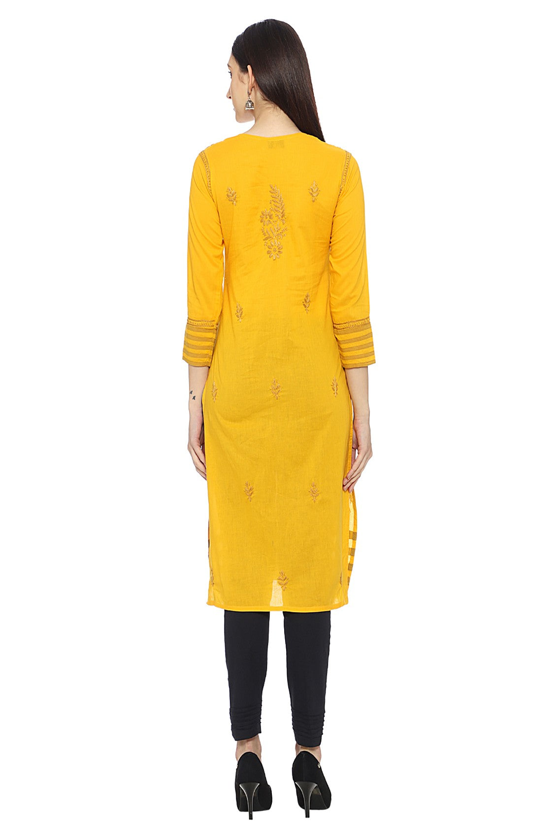 Ada Hand Embroidered Mustard/Black Cotton Lucknowi Chikankari Kurta Set A811222
