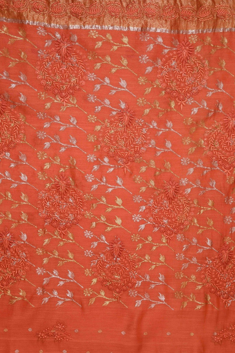 Ada Hand Embroidered Rust Chanderi Lucknowi Chikankari Saree With Blouse A291932