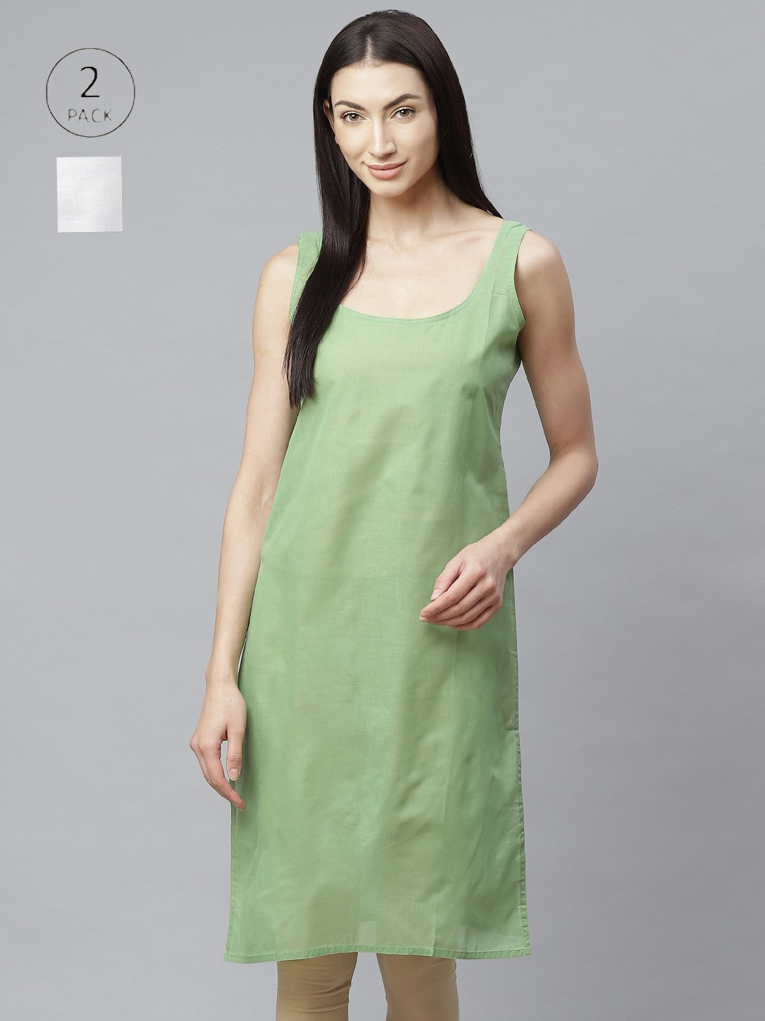 Ada Green and White Cotton Long Slips Combo of 2  A317436.