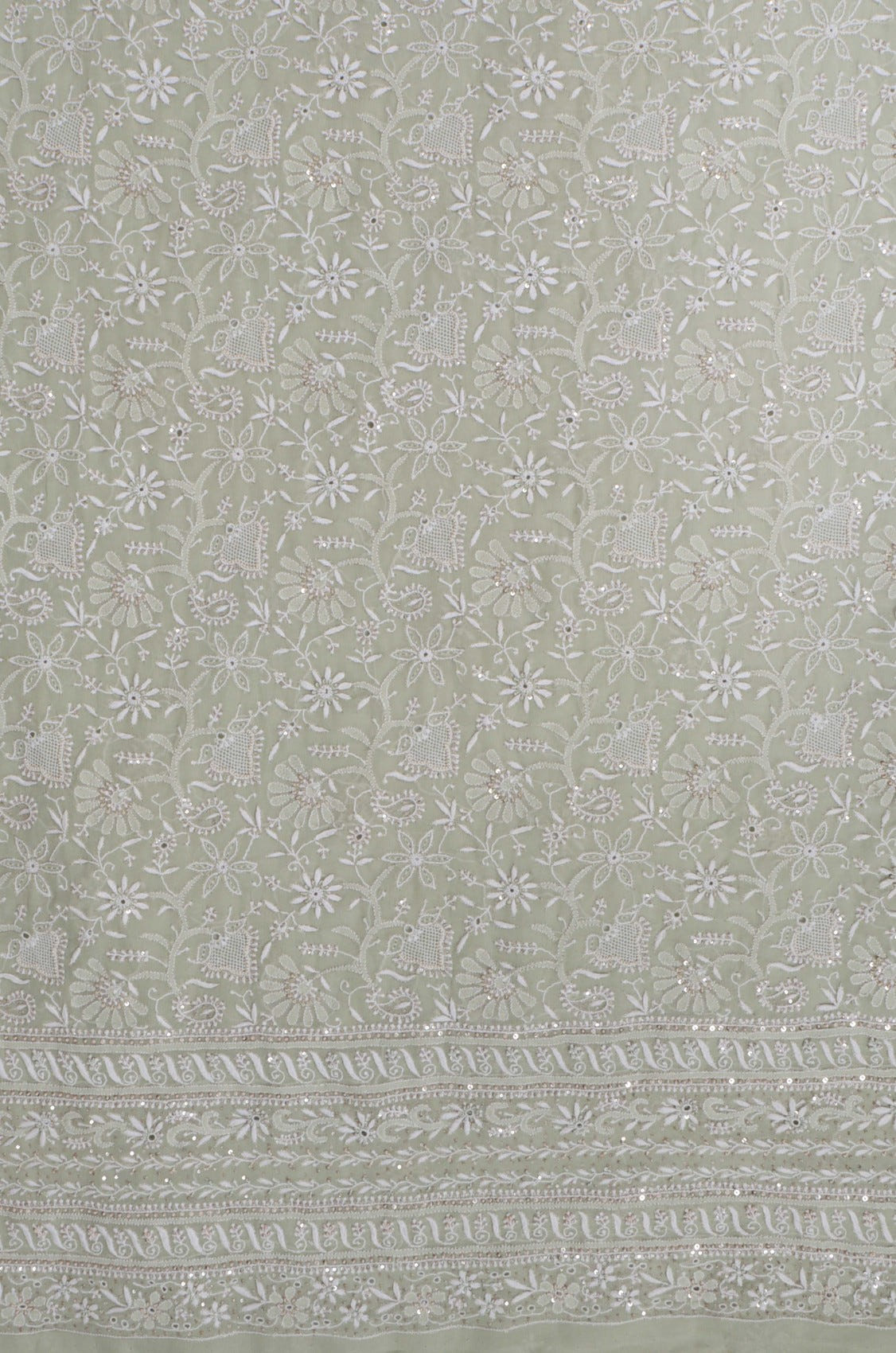Ada Hand Embroidered Tea Green Ombre Shade Pure Georgette Lucknowi Chikanikari Unstitched Kurta Dupatta Set With Zari Work 01A375429