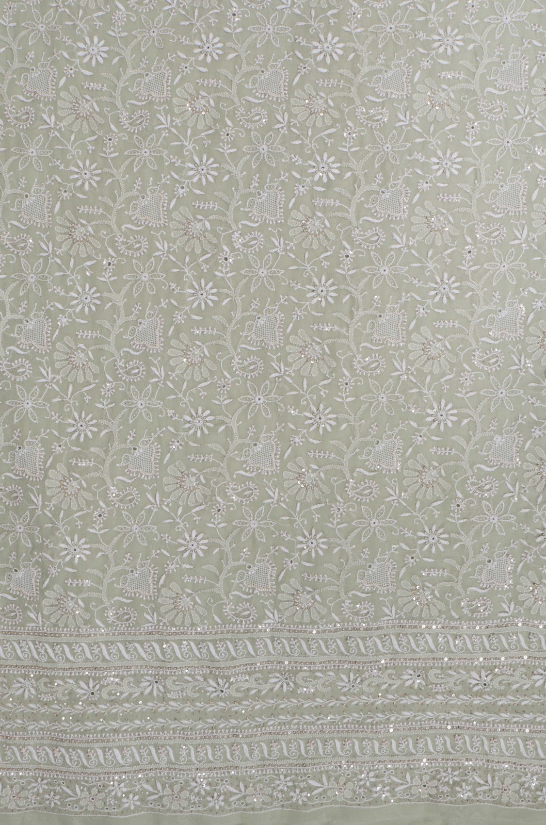 Ada Hand Embroidered Tea Green Ombre Shade Pure Georgette Lucknowi Chikanikari Unstitched Kurta Dupatta Set With Zari Work 01A375429