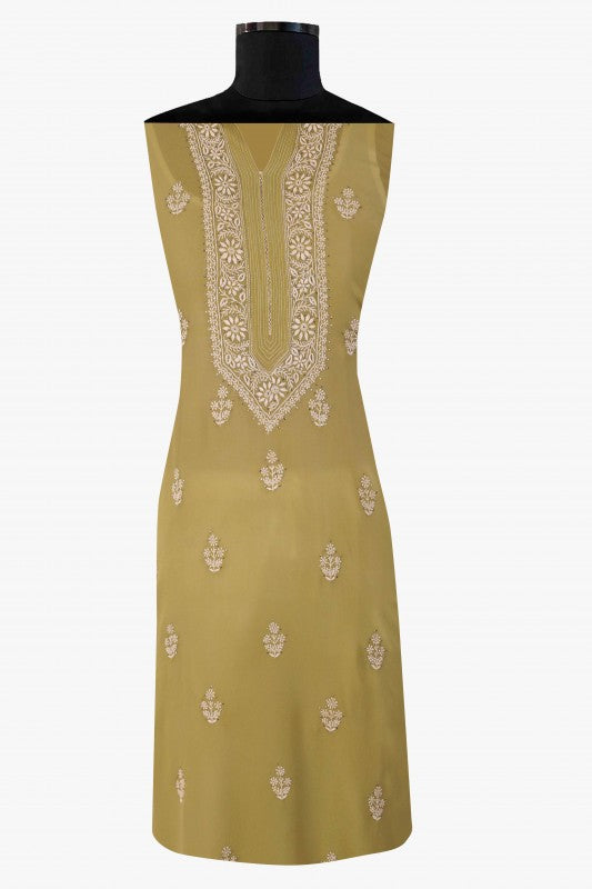 Ada Hand Embroidered Mehendi Green Pure Georgette Lucknowi Chikan Unstitched Kurta Dupatta Set A482884
