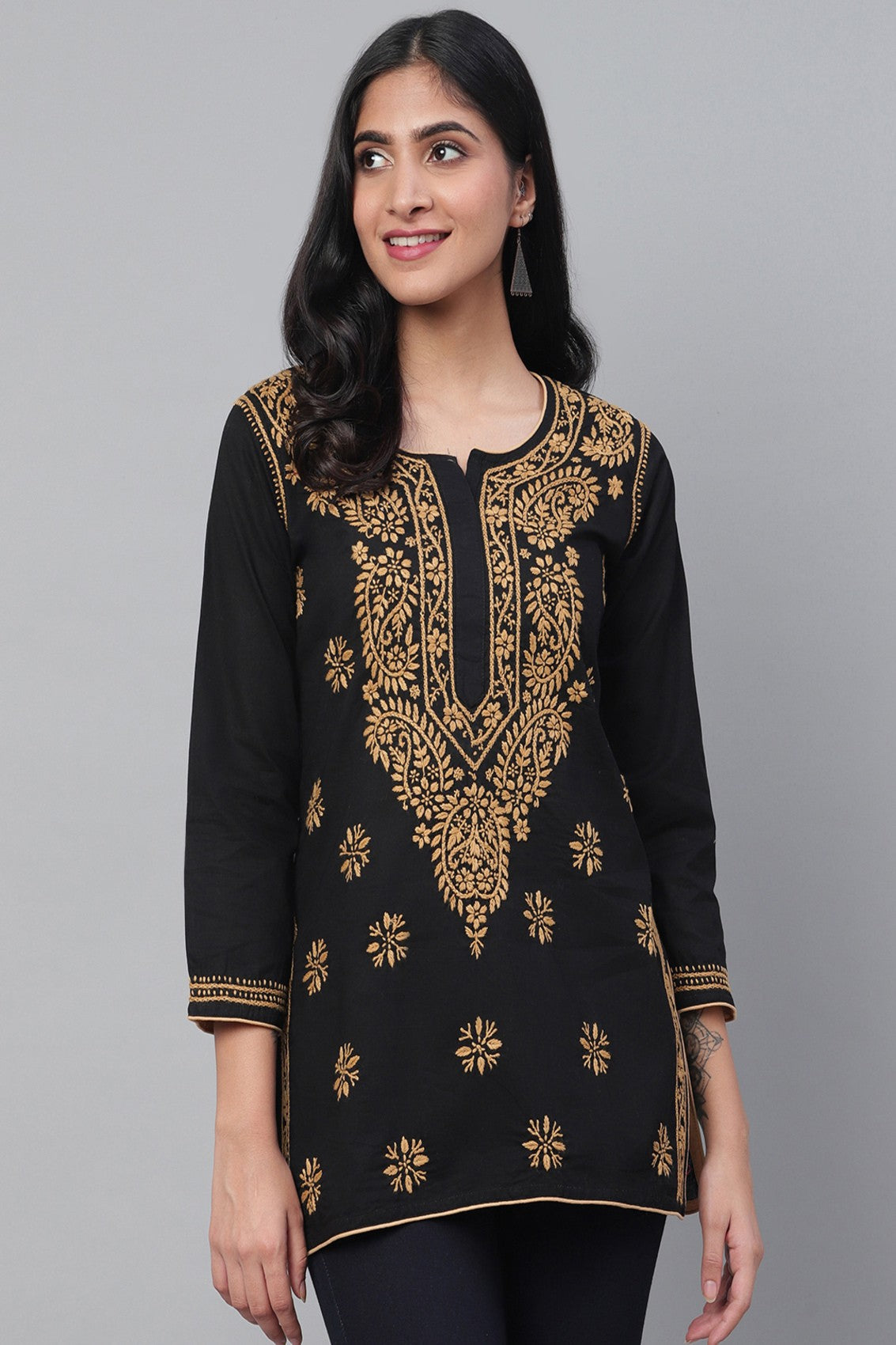 Ada Hand Embroidered Black Cotton Lucknowi Chikankari Straight Kurti A250295