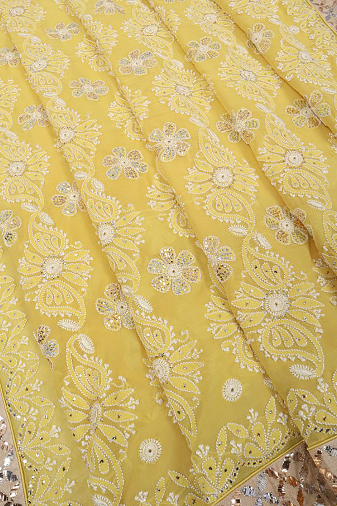 Ada Hand Embroidered Yellow Pure Georgette Lucknowi Chikankari Saree/Blouse With Muqaish Work 01A112478