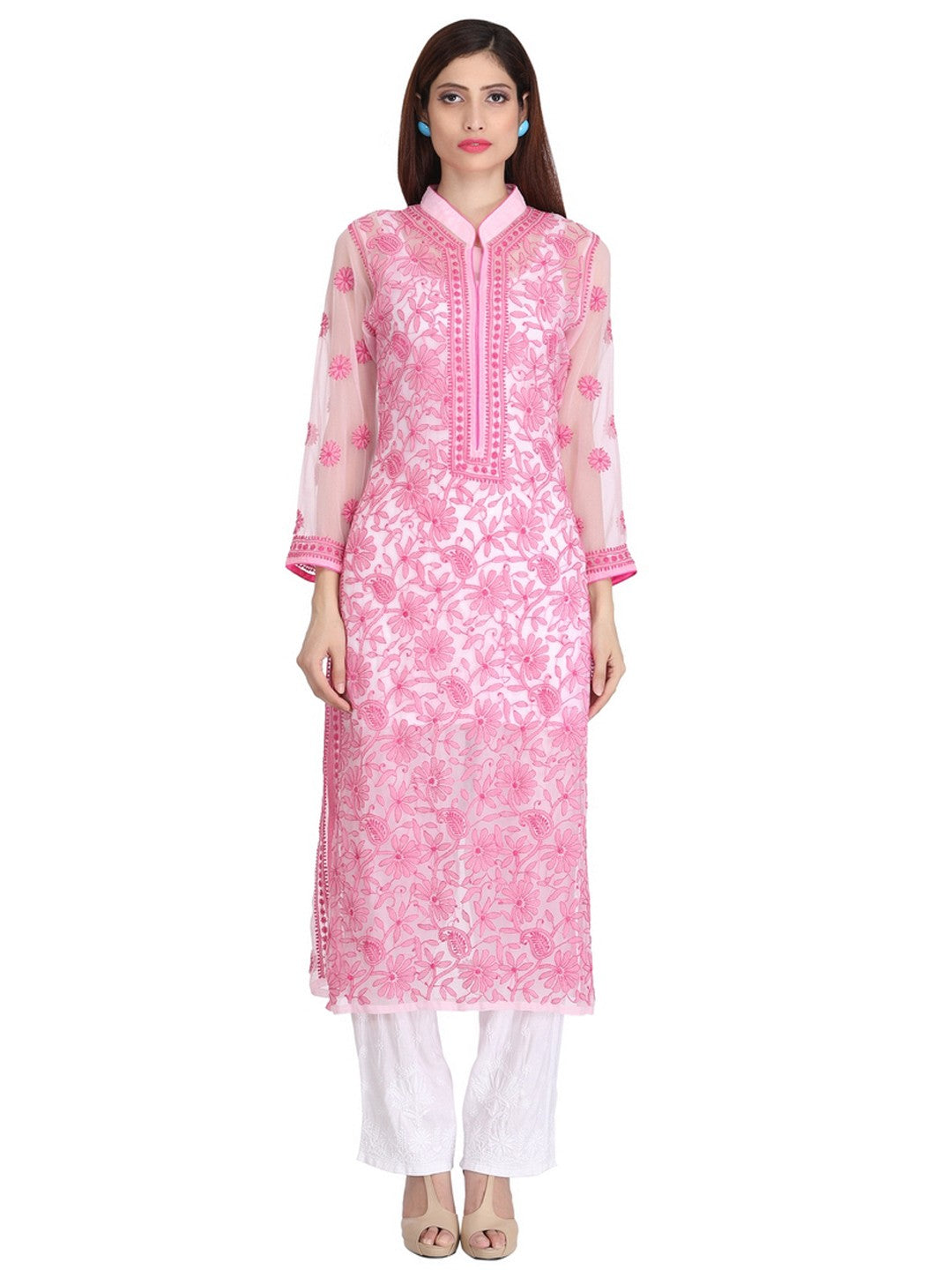 Ada Hand Embroidered Pink Georgette Lucknowi Chikankari Straight  Kurta with Slip– A225196