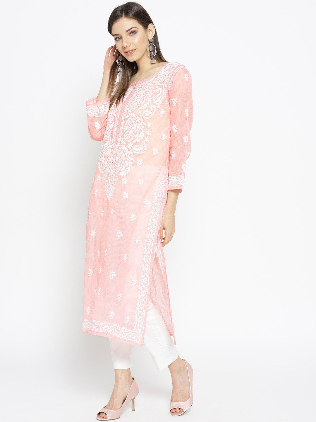 Ada Hand Embroidered Peach Kota Lucknowi Chikankari Straight Kurta With Slip A100119