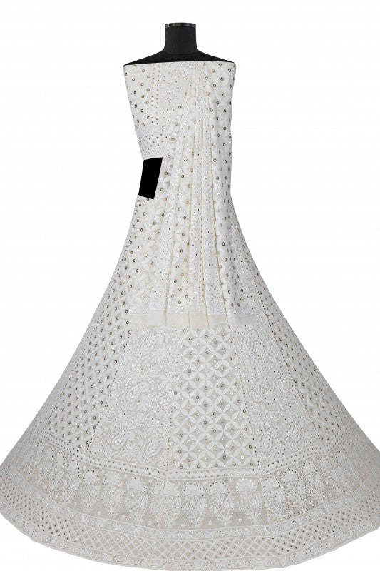 Ada Hand Embroidered Off White Pure Georgette Lucknowi Chikankari Lehenga Set With Muqaish Work– A578277
