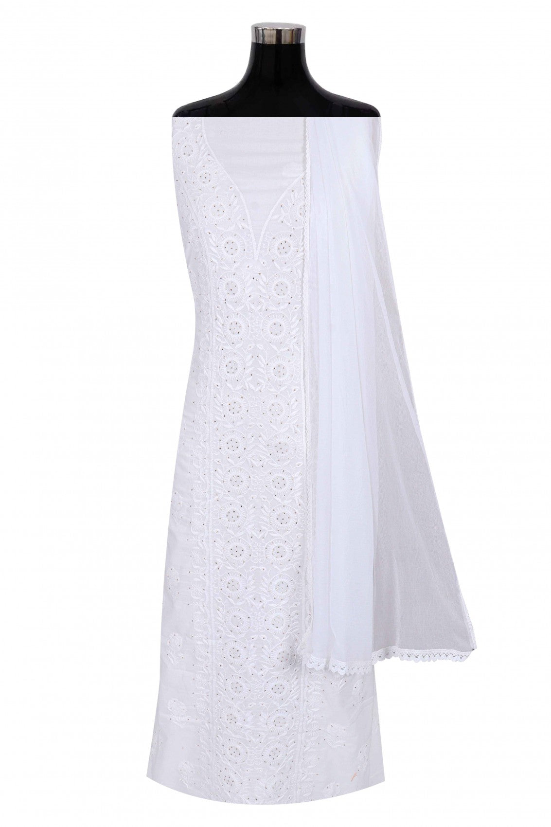 Ada Hand Embroidered White Cotton Lucknowi Chikankari Unstitched Suit Piece With Muqaish Work 01A260001