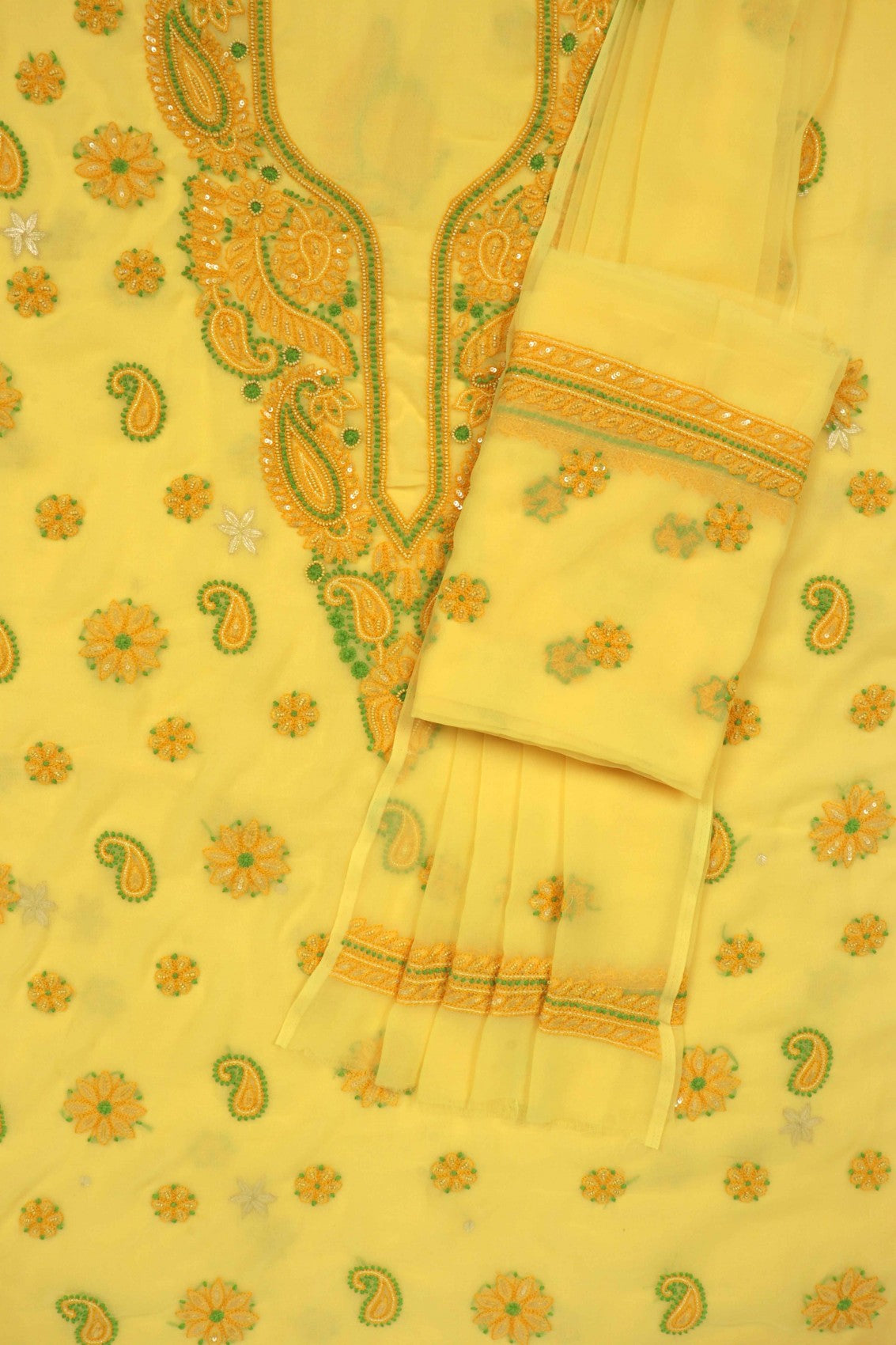 Ada Hand Embroidered Yellow Georgette Lucknowi Chikankari Unstitched Suit Piece With Pearl Work 01A41449