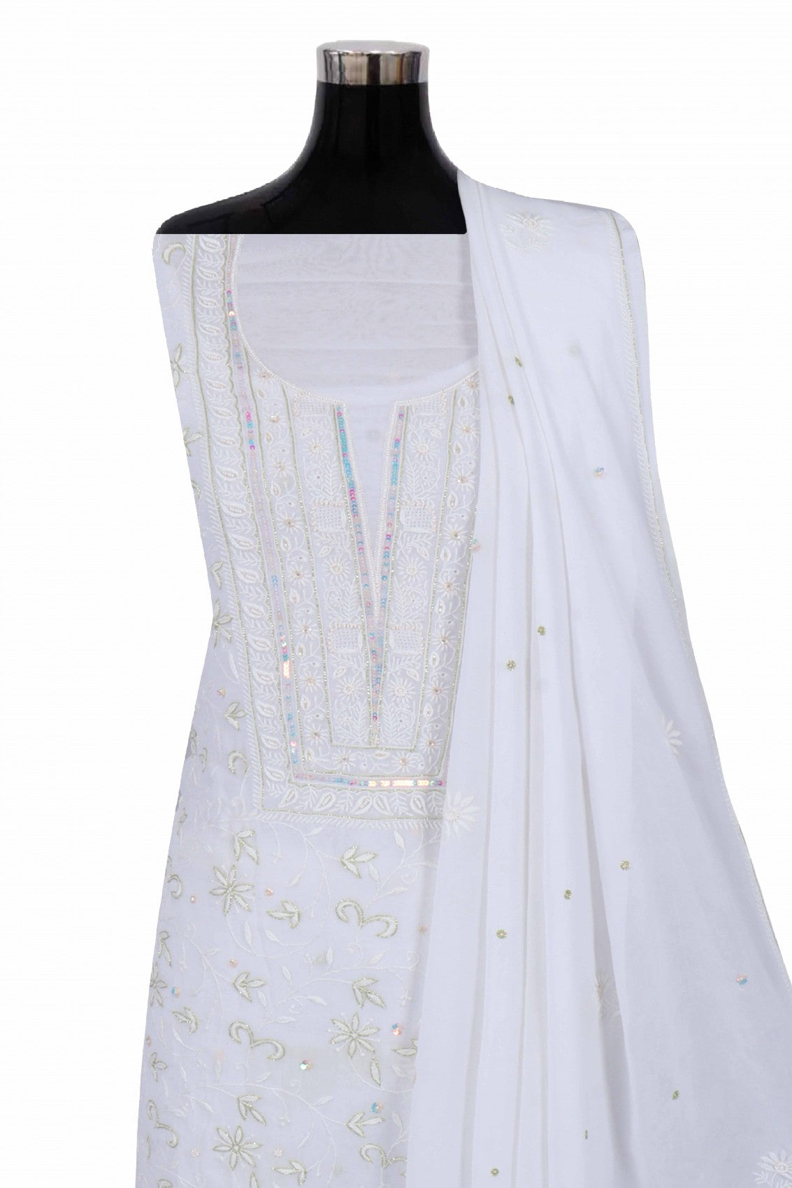 Ada Hand Embroidered White Viscose Georgette Lucknowi Chikankari Unstitched Kurta Dupatta Set With Pearl Work 01A197558