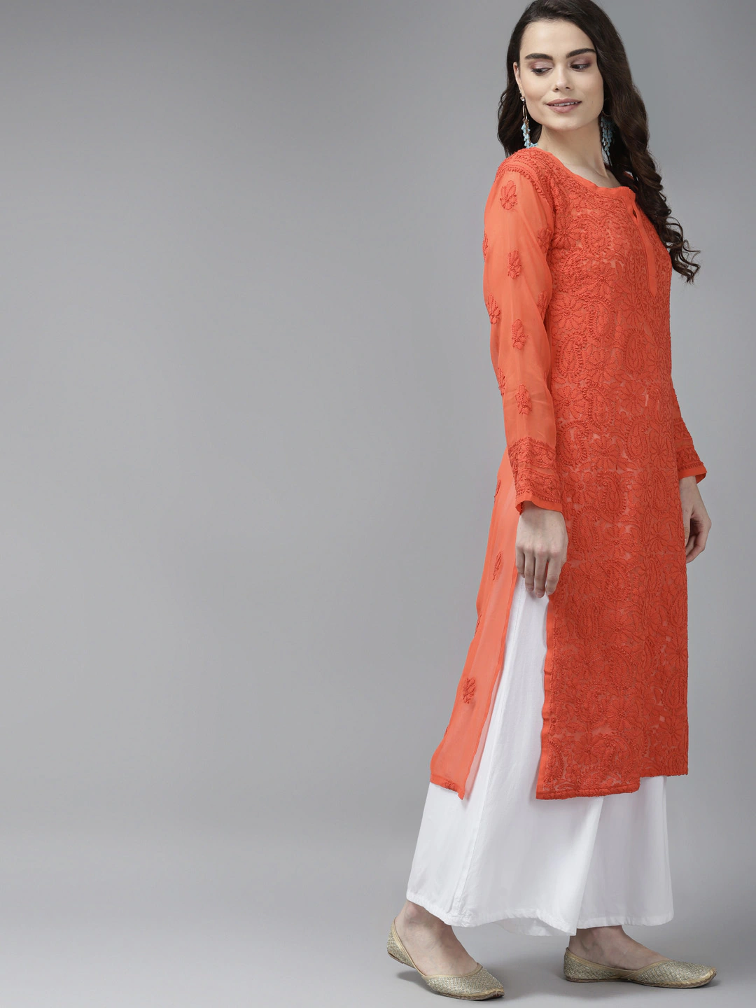 Ada Hand Embroidered Orange Georgette Lucknow Chikan Kurta A411384
