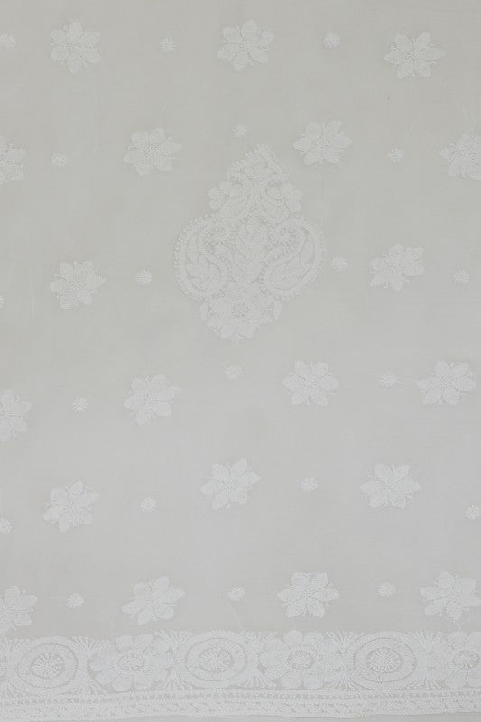 Ada Hand Embroidered White Georgette Lucknowi Chikan Unstitched Kurta Piece- A621926