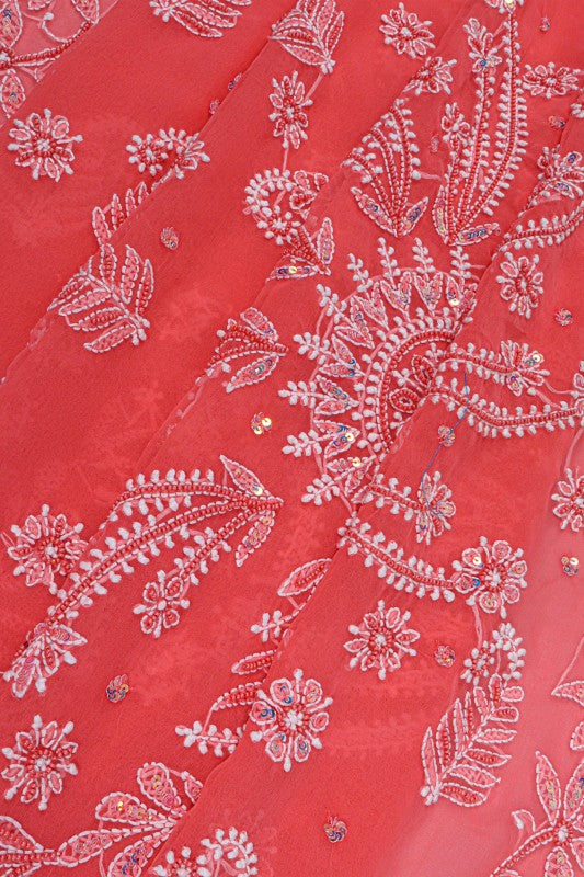 Ada Hand Embroidered Carrot Pink Georgette Lucknowi Chikankari Saree/Blouse With Pearl Work 01A194037
