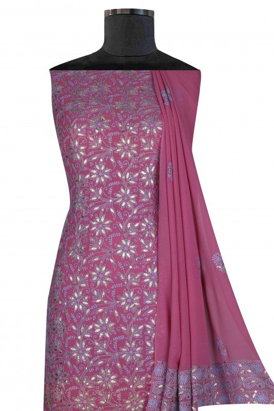Ada Hand Embroidered Mauve Pure Georgette Lucknowi Chikan Unstitched Kurta Dupatta Set With Gota Patti Work A555296
