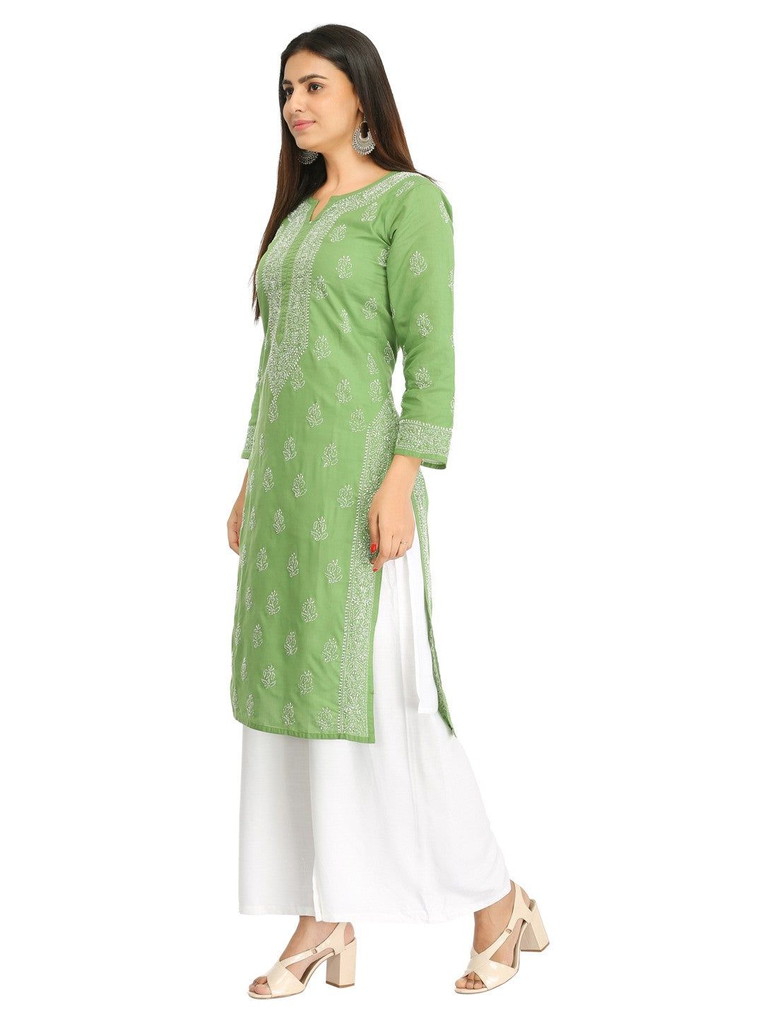 Ada Hand Embroidered Green Cotton Lucknow Chikan Straight Kurta A321387