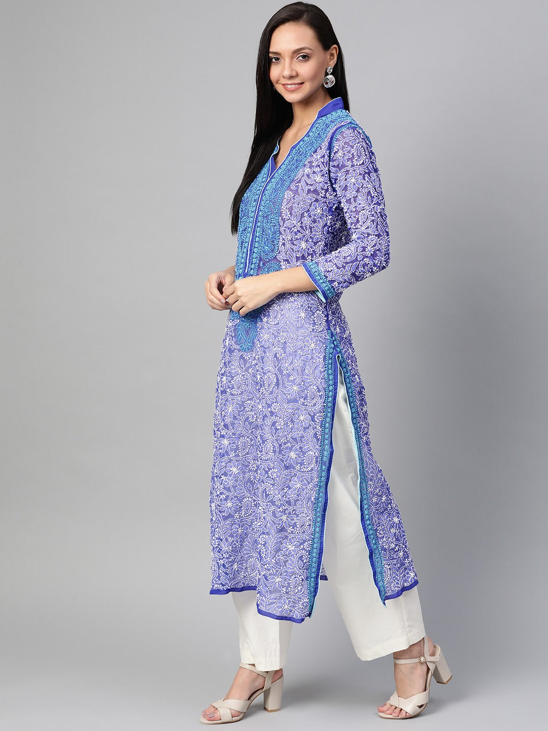 Ada Hand Embroidered Royal Blue Faux Georgette Lucknowi Chikankari Kurta A100465