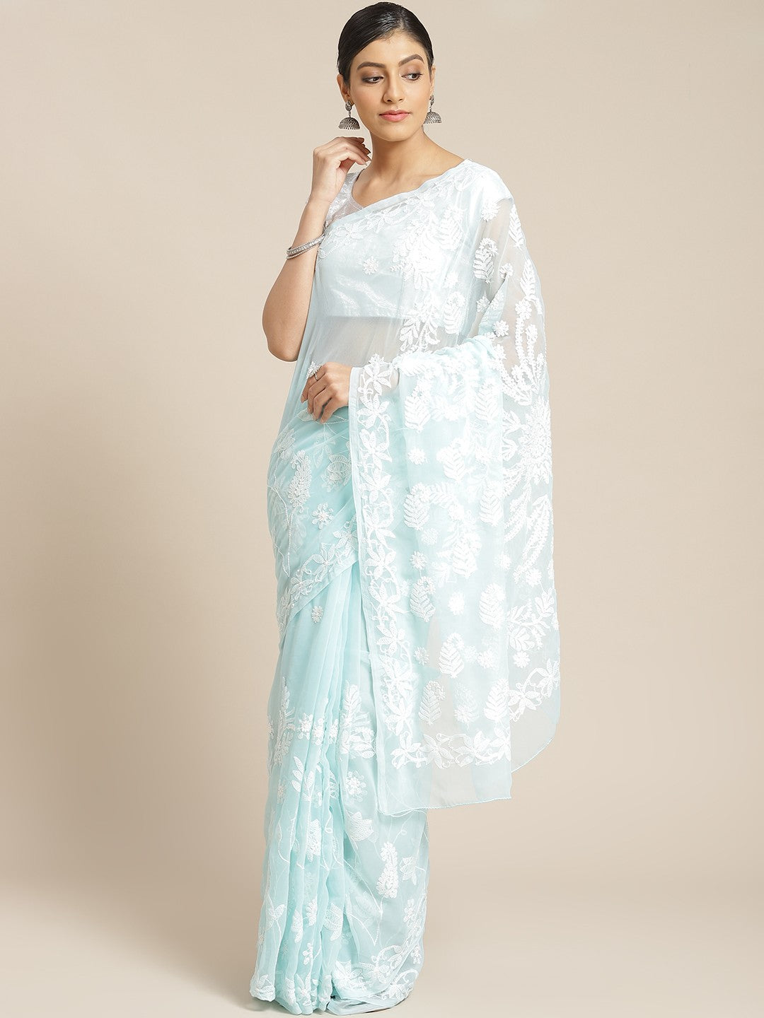 Ada Hand Embroidered Blue Georgette Lucknowi Chikankari Saree with Blouse A452097