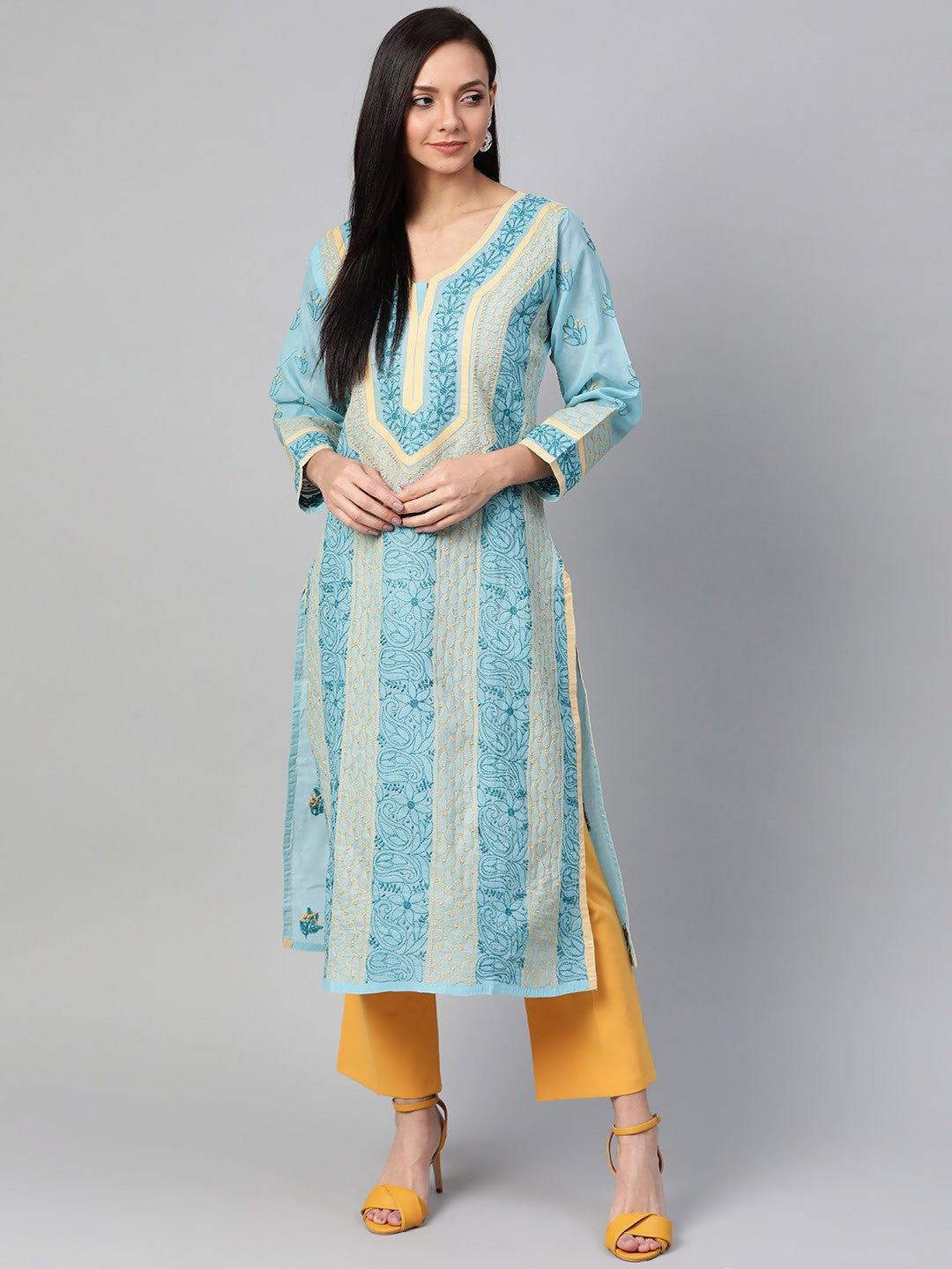 Ada Hand Embroidered Blue Cotton Lucknow Chikan Straight Kurta- A285166