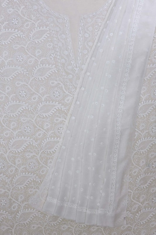 Ada Hand Embroidered White Pure Georgette Lucknowi Chikan Unstitched Kurta Dupatta Set A541409