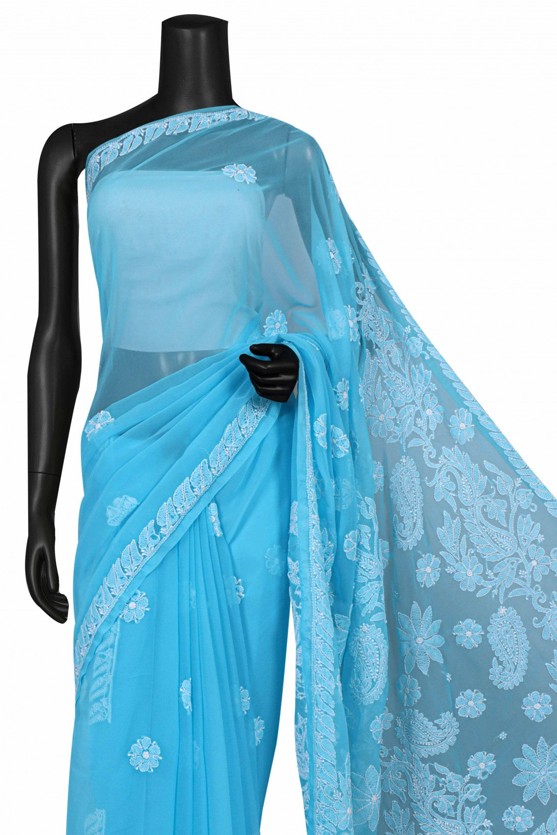 Ada Hand Embroidered Sky Blue Georgette Lucknowi Chikankari Saree With Blouse A472860