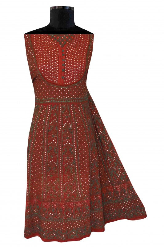 Ada Hand Embroidered Maroon Pure Georgette Lucknowi Chikan Semi-stitched Anarkali Kurta Dupatta Set with Muqaish Work A607991