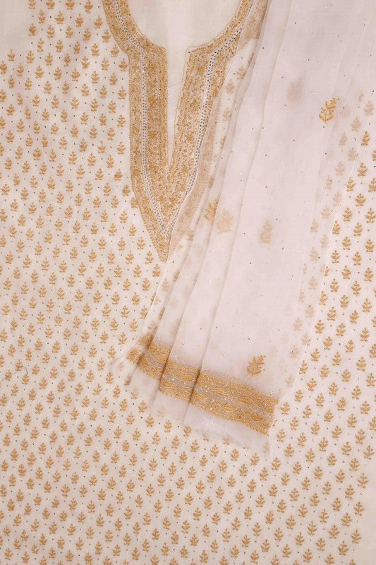 Ada Hand Embroidered Off White Organza Lucknowi Chikan Unstitched Kurta Dupatta Set with Muqaish Work - A559952