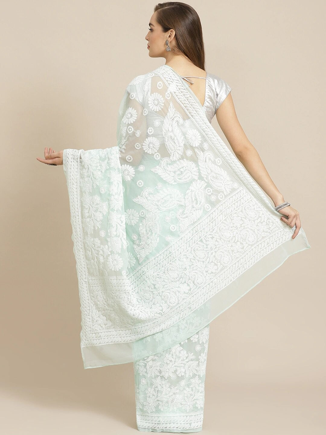 Ada Hand Embroidered Sea Green Georgette Lucknow Chikan Saree with Blouse A311275