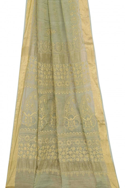 Ada Hand Embroidered Sage Green Tissue Lucknowi Chikankari Saree With Blouse-A606191