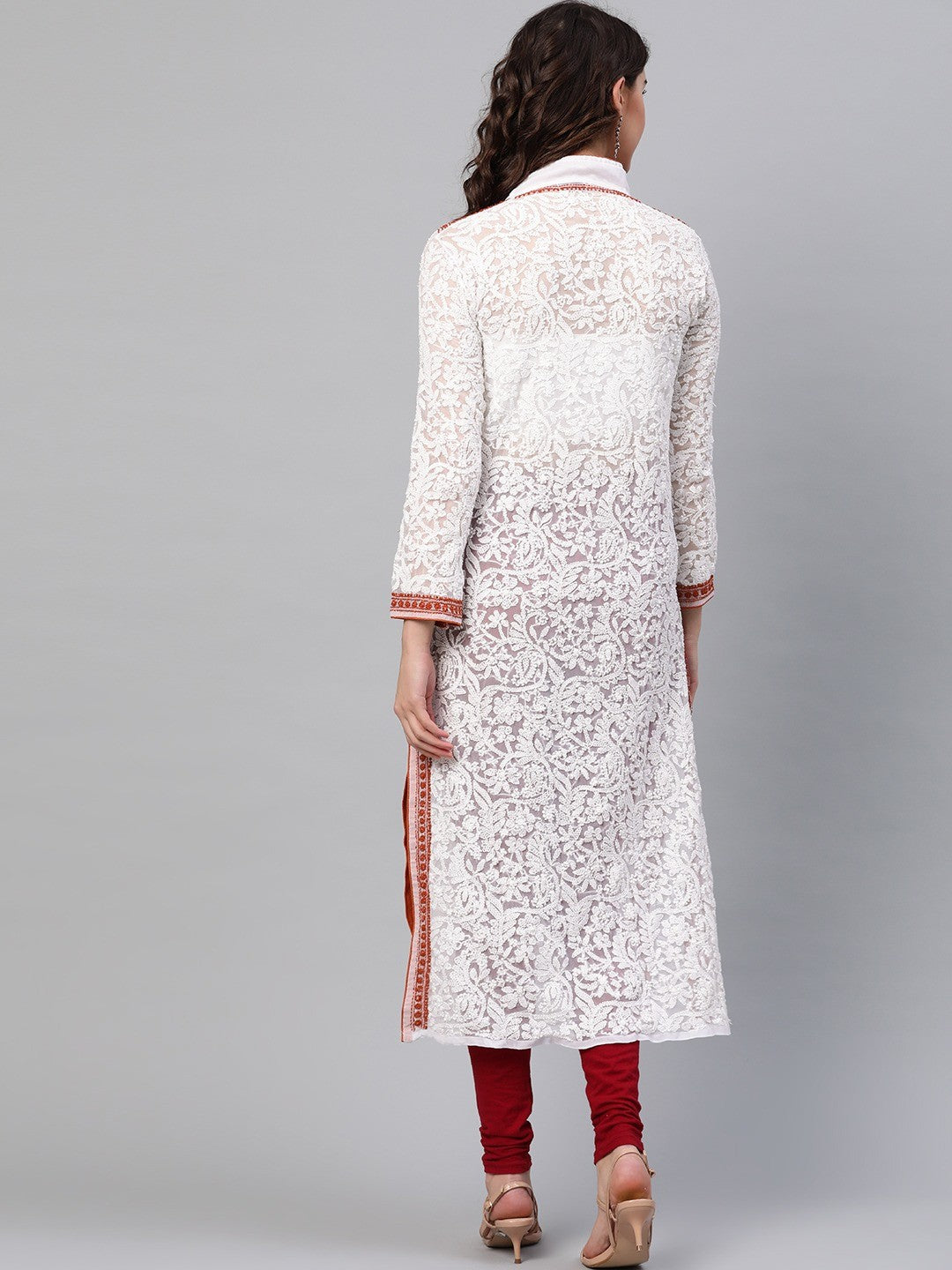 Ada Hand Embroidered White Georgette Lucknow Chikan Kurta A237423