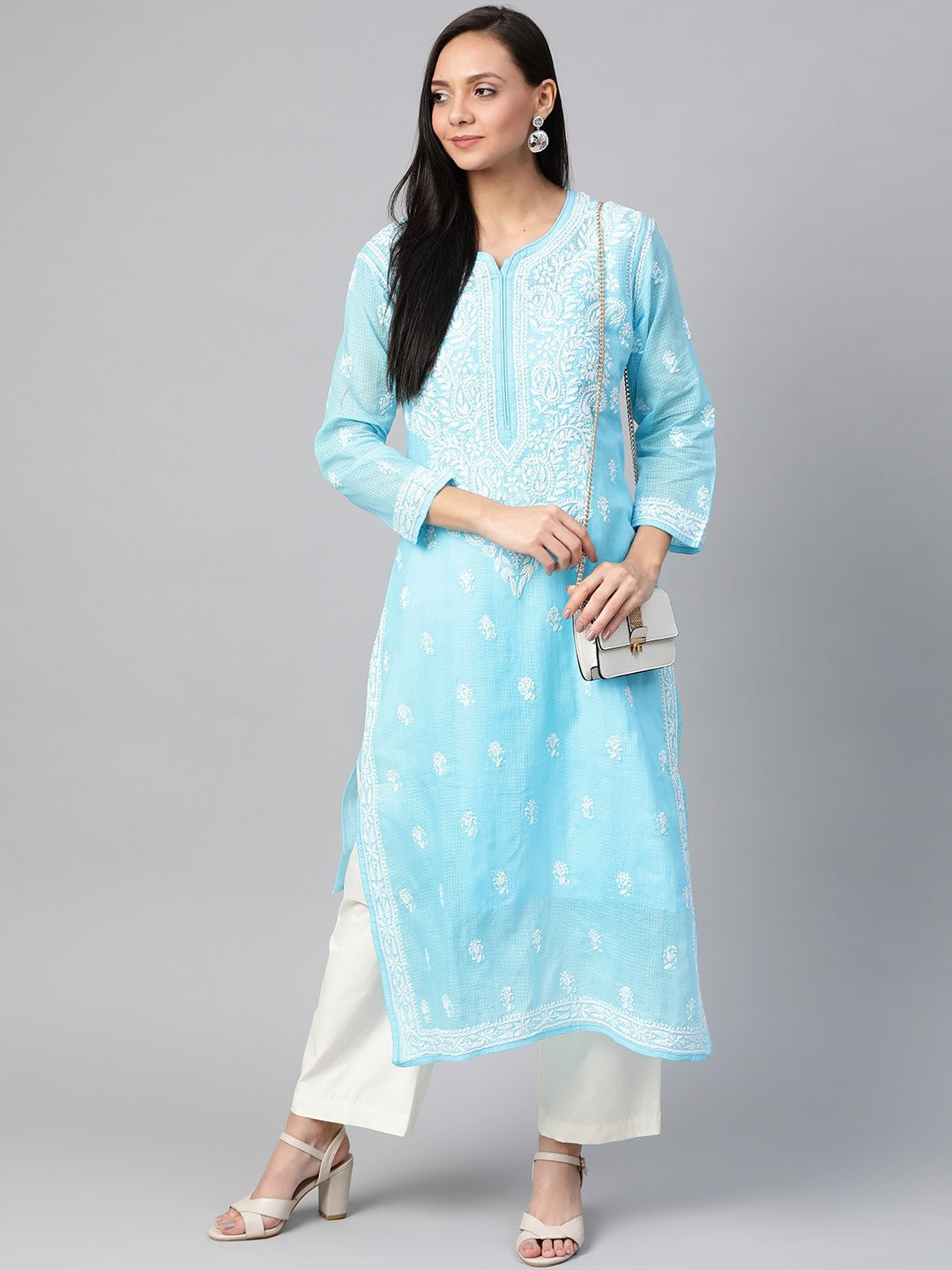 Ada Hand Embroidered Blue Kota Lucknowi Chikankari Straight Kurta With Slip A100534