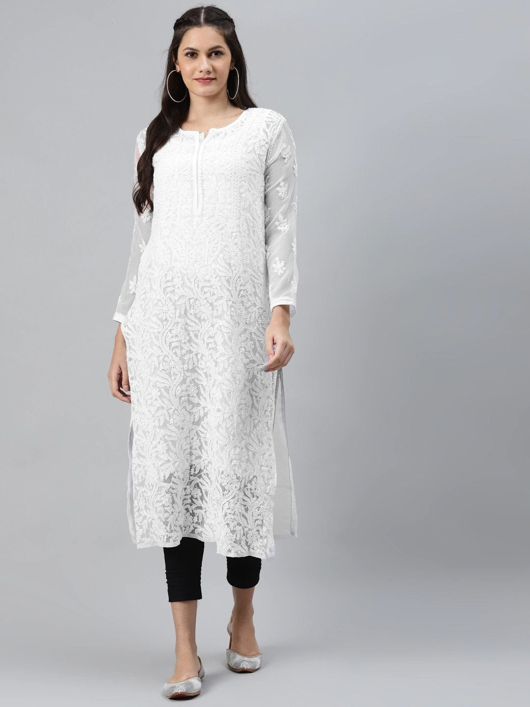 Ada Hand Embroidered White Georgette Lucknowi Chikankari Straight Kurta Set With Slip A811192