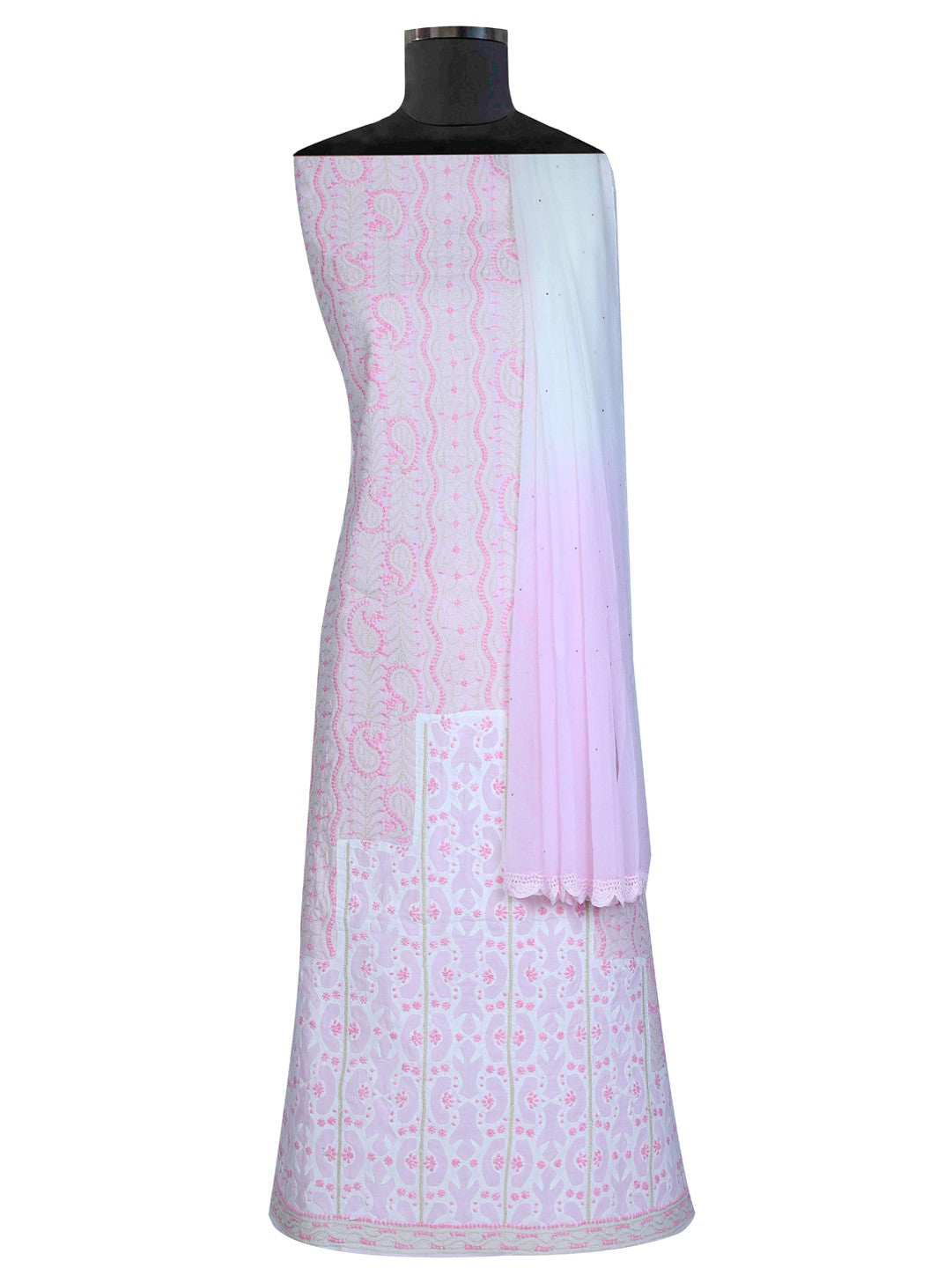 Ada Hand Embroidered Pink Cotton Lucknowi Chikan Unstitched Suit Piece– A619270